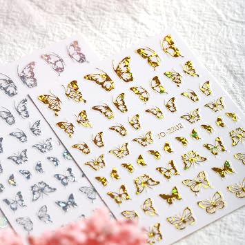 12 Colors Butterfly Nail Art Stickers, 3D Butterfly Self-Adhesive Sticker Design, Laser Gold Silver Red Black White Pink Yellow Green Butterflies Nail Transfer Decals for Women Manicure Decorations