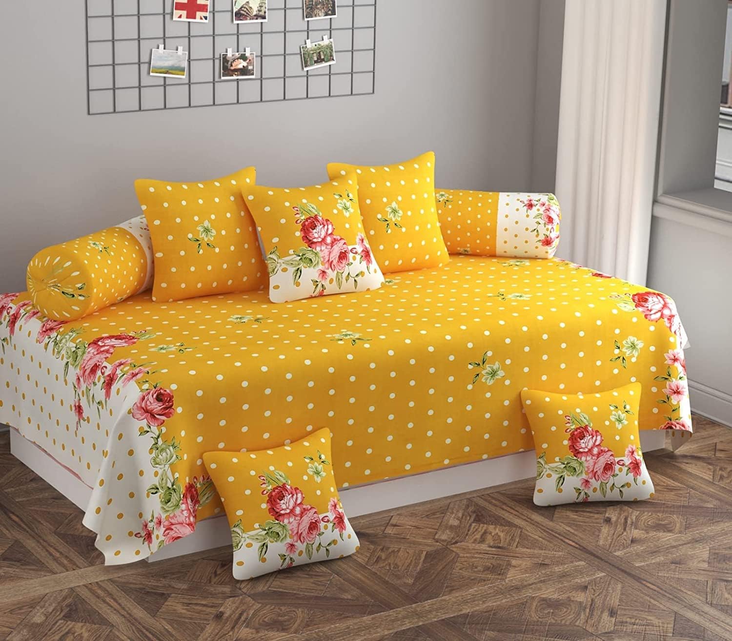 CLiDE Premium Glace Cotton Single Diwan Bedsheet Set with 5 Cushion & 2 Bolster Covers - 8 Piece Complete Living Room Bedding Assembly, Floral & Geometric Prints (Marigold Yellow Floral Polka)-image-34