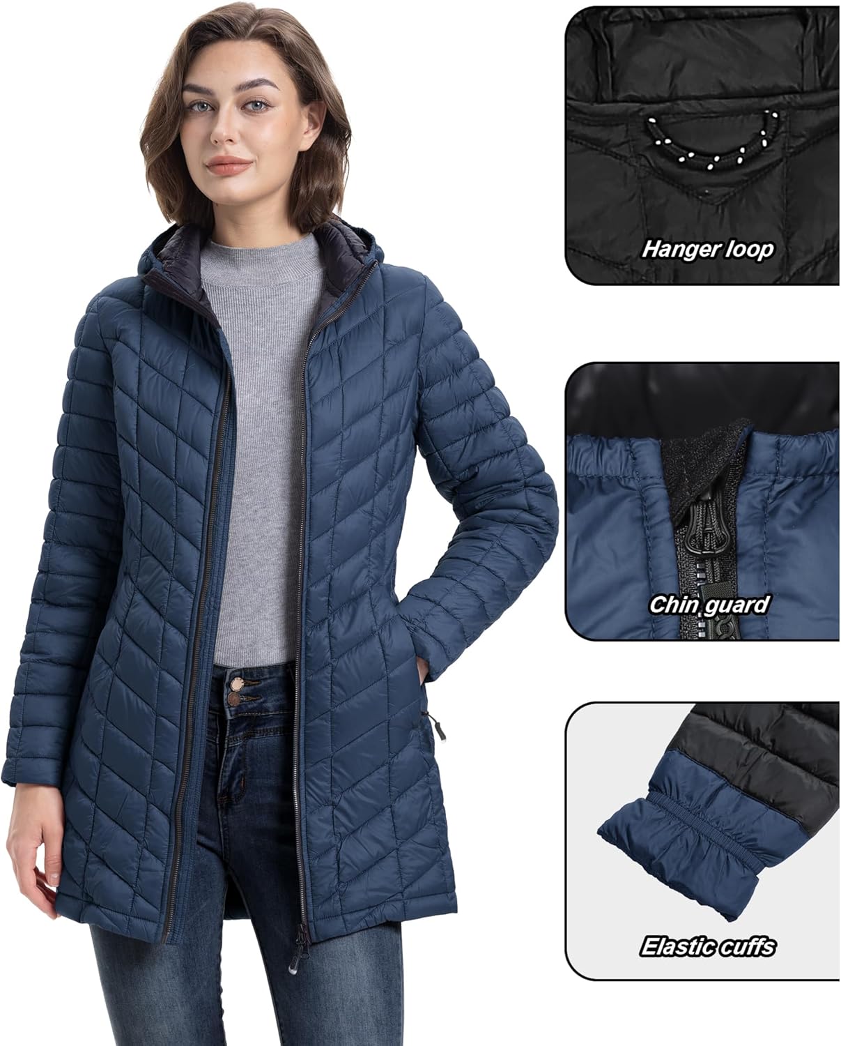 33,000ft Women's Long Puffer Jacket with Hood, Lightweight Warm Puffy Quilted Winter Coats - Image 6