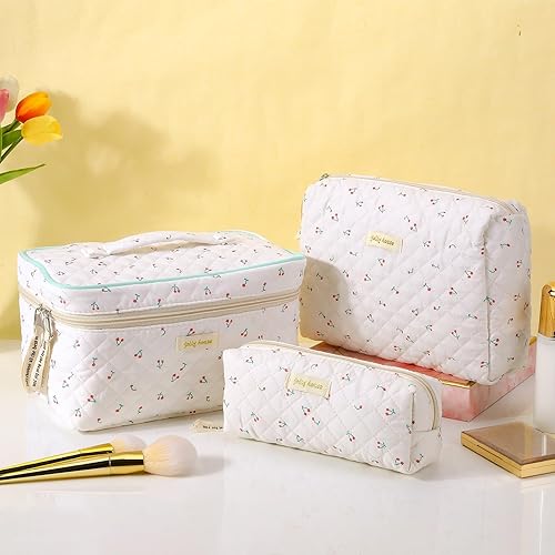 Miniatura 3 de Cessfle 3 bolsas de maquillaje acolchadas de algodón, bonita bolsa de maquillaje de cereza coqueta, bolsa de cosméticos grande con estampado floral