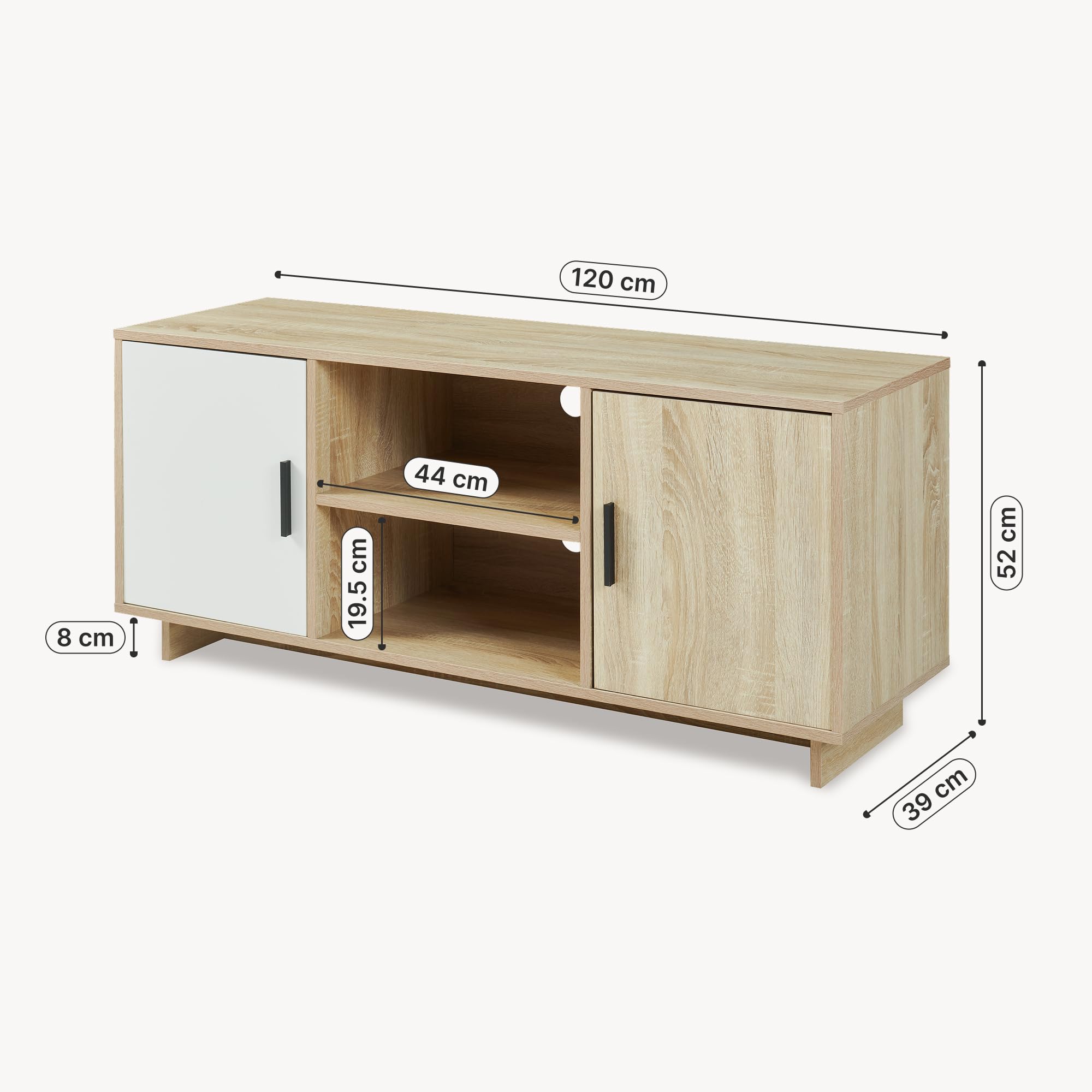 [en.casa] Mobile Porta TV a 2 Ante e Scomparti Aperti Supporto Televisore Stand Multimediale Credenza Bassa per Soggiorno Studio Living 120x39x52 cm Effetto Rovere Sonoma/Bianco
