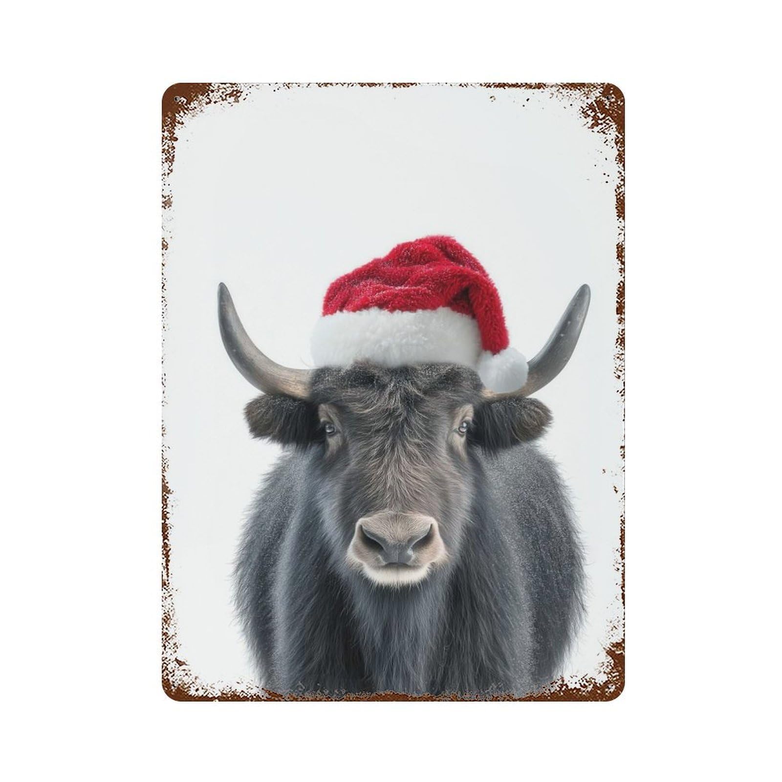 Garage Style Festive Christmas Yak with Santa Hat Rusty Metal Tin Sign 15.7"x11.8", Farmhouse Wall Decor for Bar And Workshop