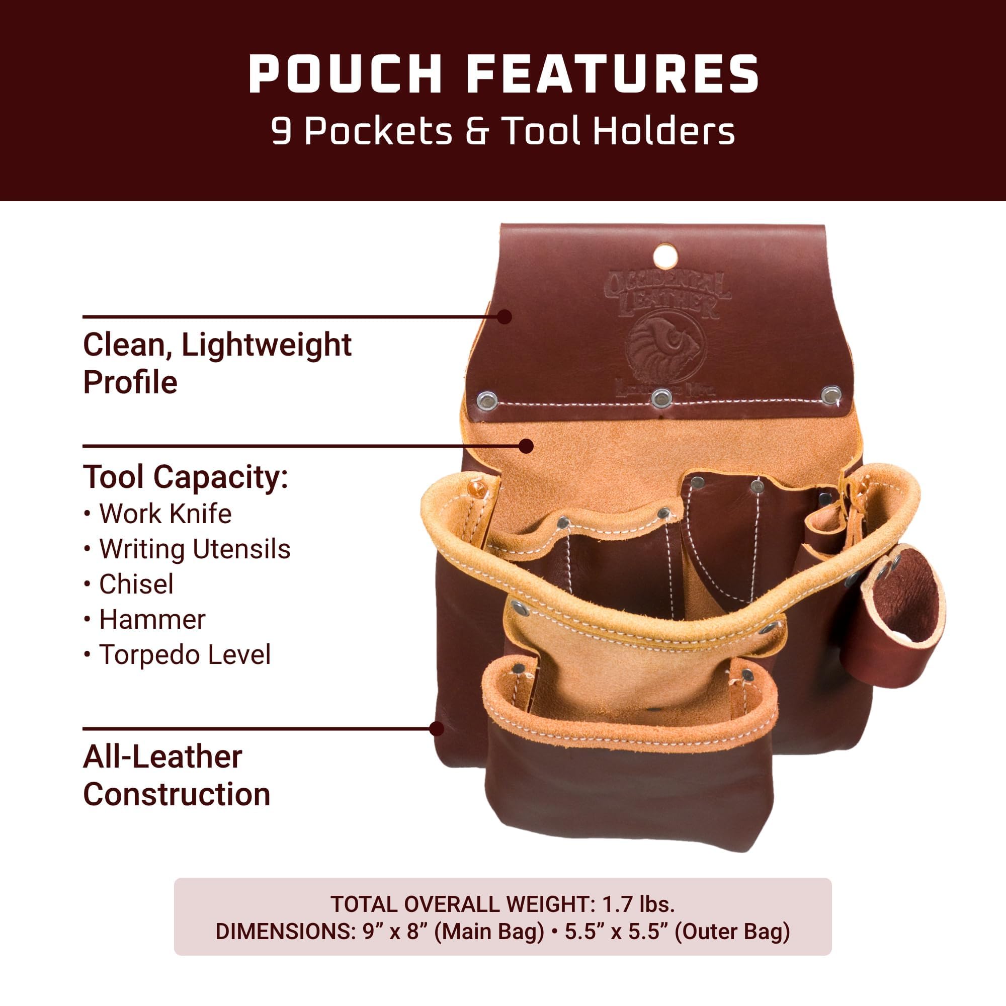 Occidental Leather 2 Pouch Pro Tool Bag - 9 Pockets & Tool Holders