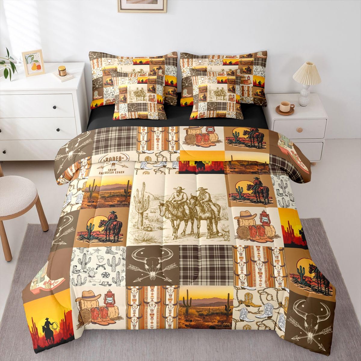 Horse Decor Western Full Size Bed Sheets and Comforter Set Bull Longhorn Skull 7 Piece Bedding Set Geometric Aztec Bed in a Bag,Cow Skull Bed Sets,Rustic Patchwork Buffalo Plaid Farmhouse Decor
