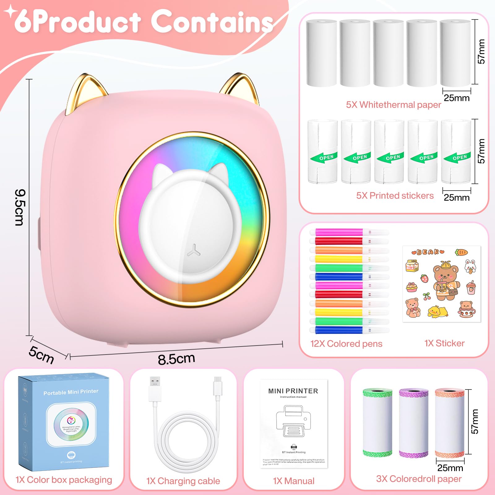 Mini Impresora para Movil, Mini Impresora Termica Fotográficas, Bluetooth Inalámbrico Impresora Térmica, Portátil Impresora Termica, Movil Impresora Fotos, para Fotos Nota, Rosa