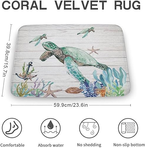 Miniatura 3 de Tapete de baño de tortugas marinas y estrellas de mar en playa de arena y océano sobre tema rústico, tapete de baño de tela, tapete de bienvenida,