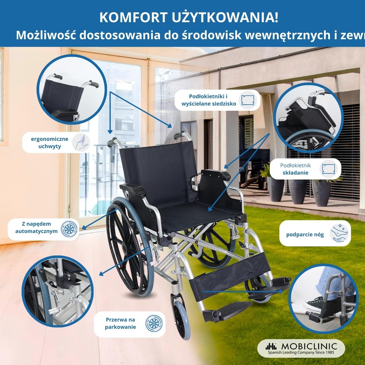 Składany wózek inwalidzki | Aluminium | Składane podłokietniki i zdejmowane podnóżki | Duże koła | Ópera | GÓRA | Mobiclinic