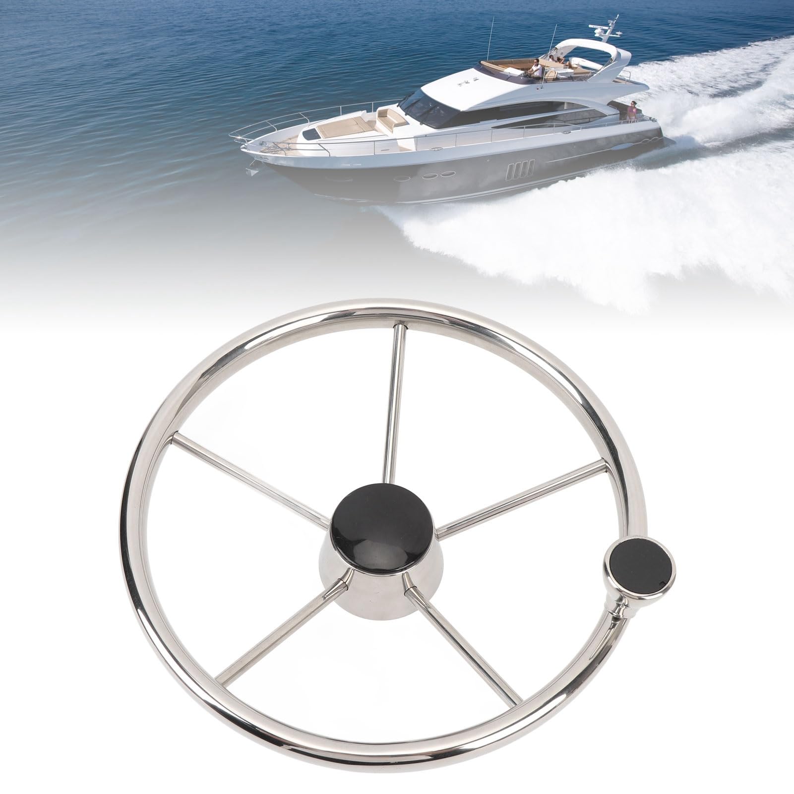 Qqmora Volante per Barca Volante Marino a 5 Razze 13-1/2 Pollice in Acciaio Inossidabile Finitura a Specchio Lucida da 25 Gradi con Tappo Centrale e Impugnatura per Barca Yacht Motoscafo