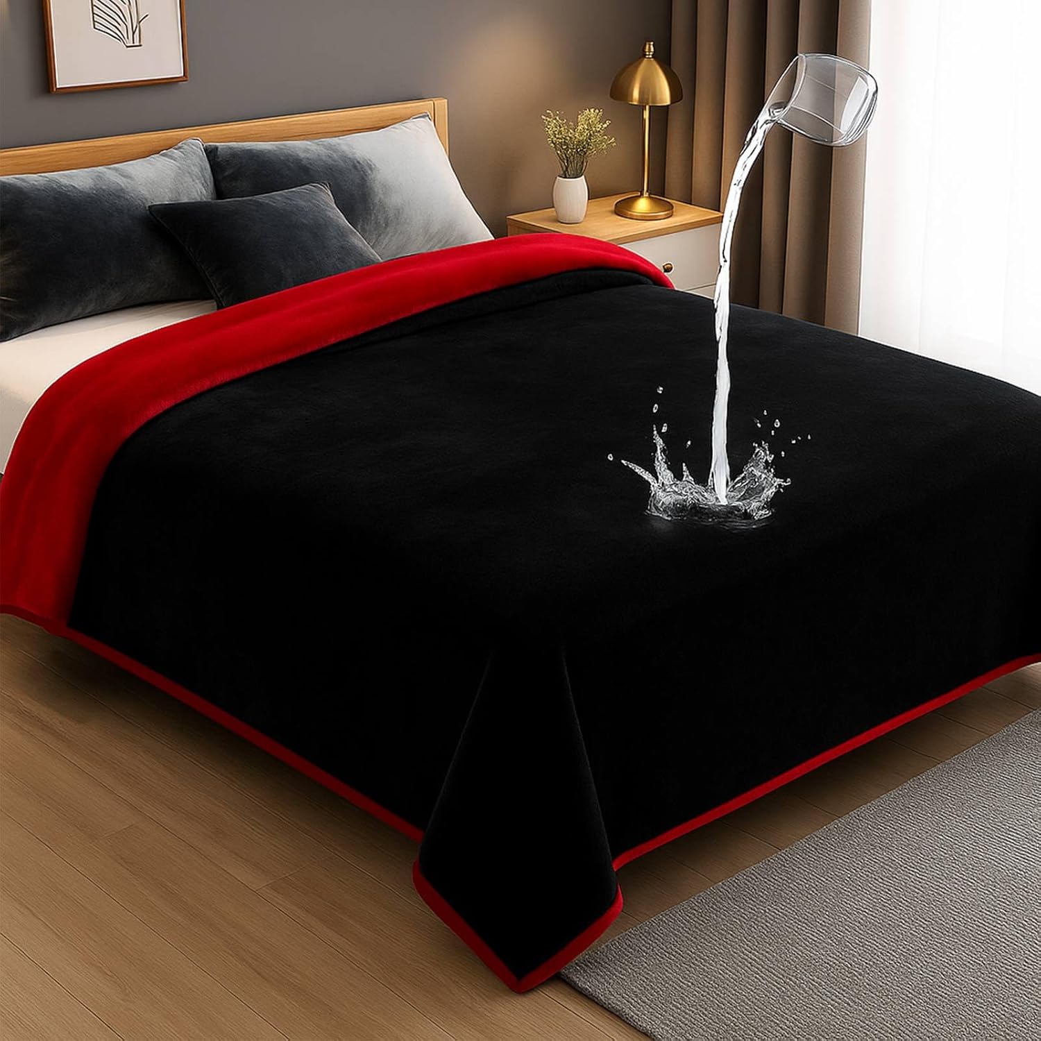 Love Waterproof Red and Black Bed Blanket 80'' x 60'' with a Storage Bag, Double Sides Flannel Splash 3 Layer Lightweight Twin Size Blanket Mattress Protector