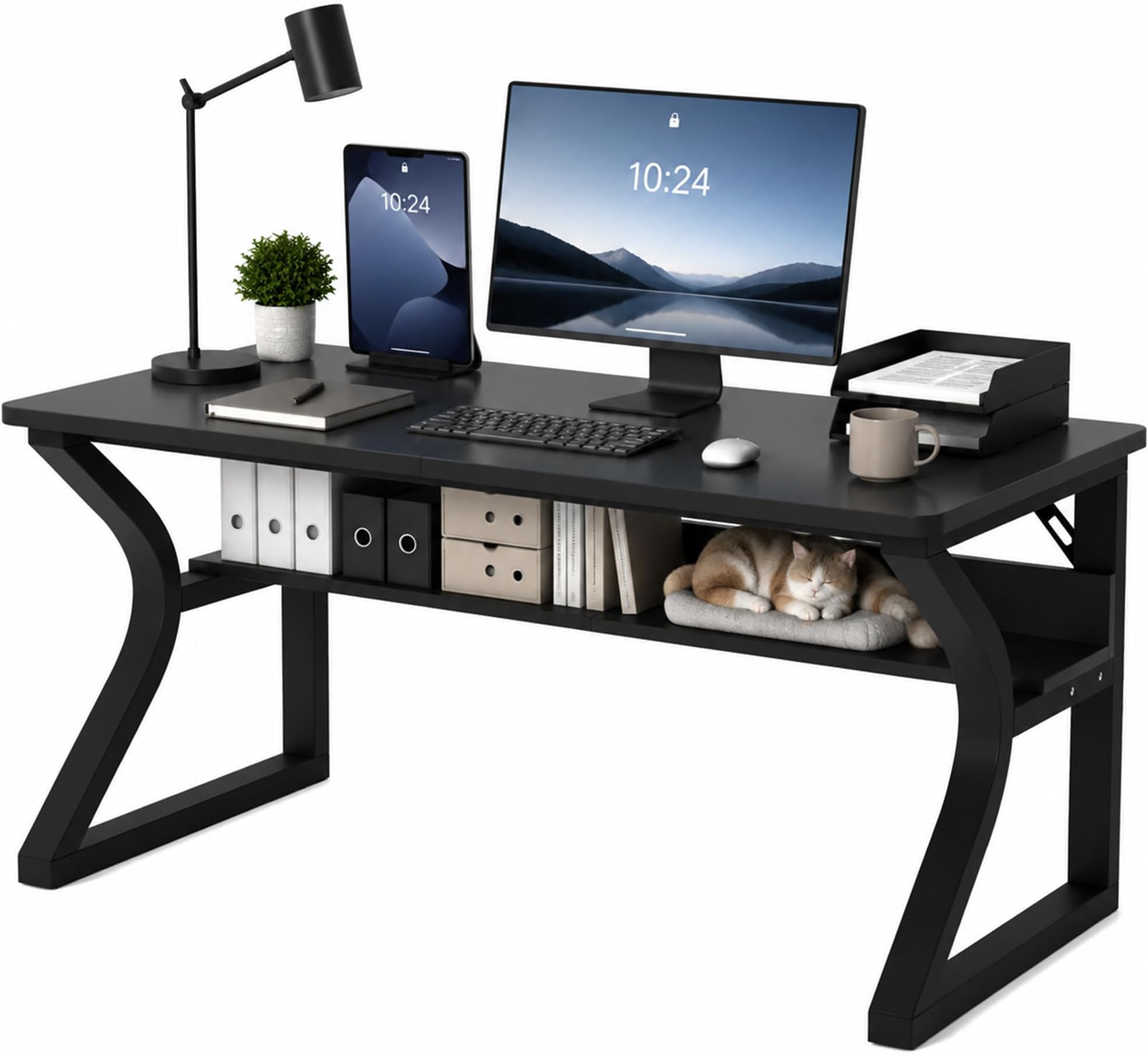 StarGraph 47'' Computer Desk Home Office Desk w/Under-Desk Shelf, 23.5''Wide Work Desk w/Sturdy C Shape Metal Legs,Computer Desk w/Cable Management Modern Home Desk for Work Study Office (Black, 47'')