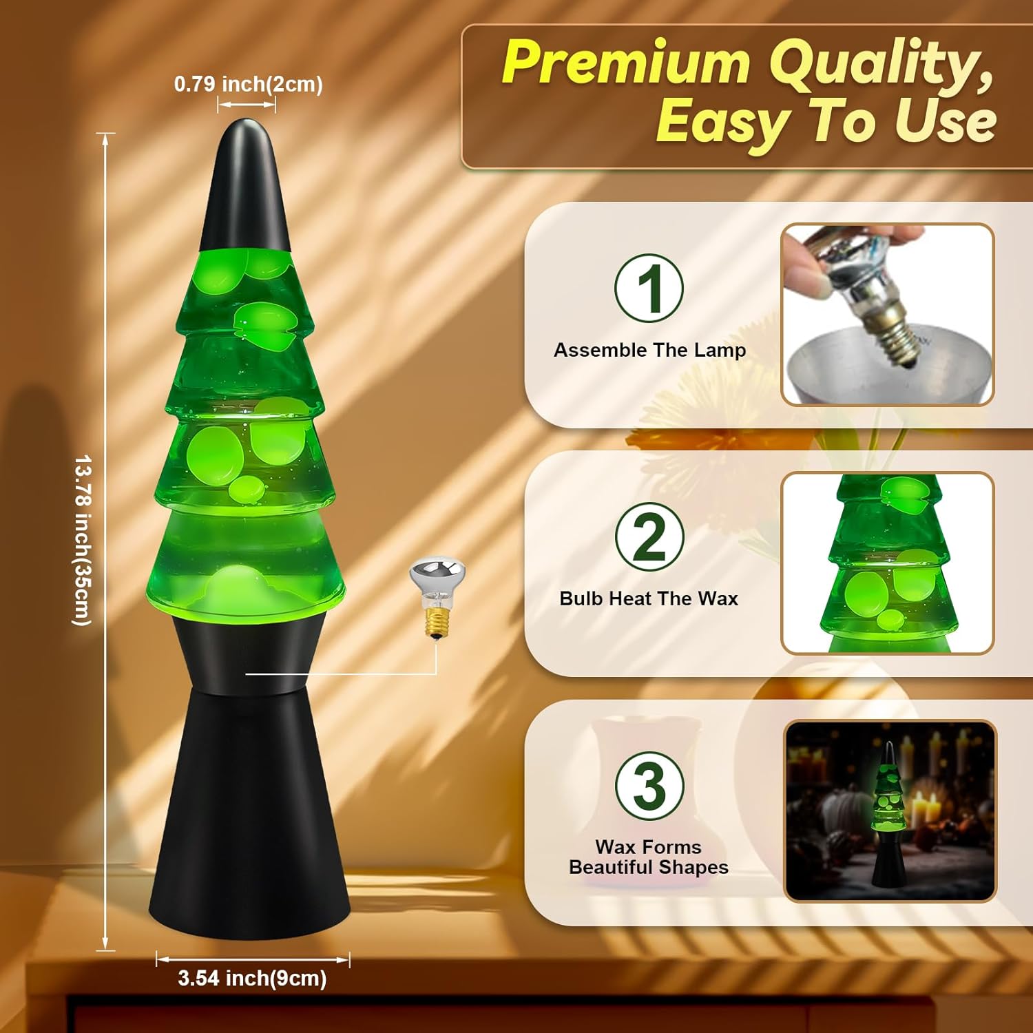 Liquid Motion Lamp Tree Mood Lighting Night Light Green Water & White Wax 13.5 Inch Relaxing Motion Lamp with Bulb for Kids & Adults Small Novelty Table Lamp for Christmas Decorations Indoor, Black