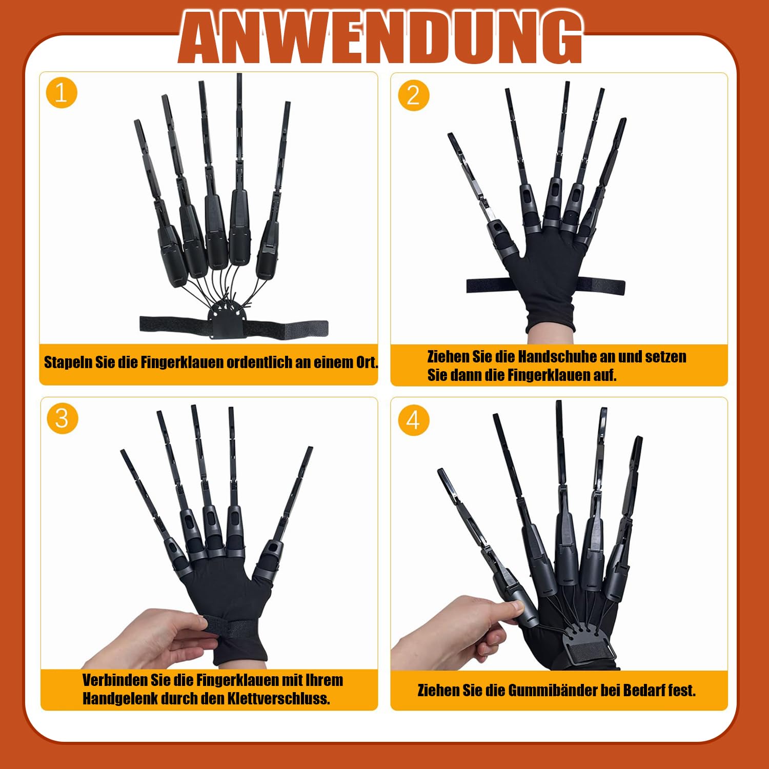 1 paio di dita articolate nere di Halloween, indossabili per dita articulate, con teschio e ditate, per tutte le dita e regolabili, per feste di Halloween, costume cosplay