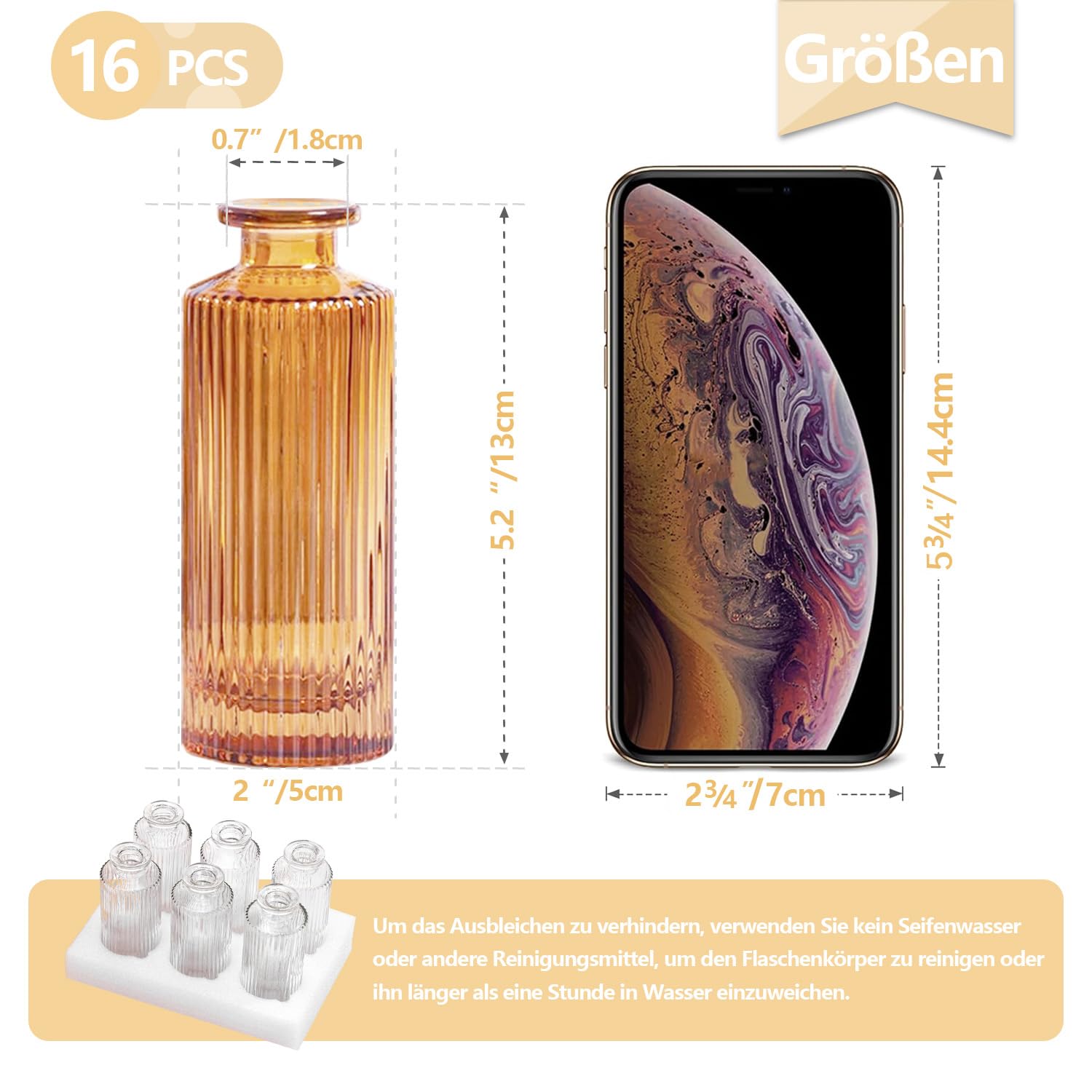 Jarrones pequeños, 16 Juegos de jarrones de Vidrio para la decoración de la Mesa Mini jarrones para familias, Bodas, cumpleaños, Botellas de Vidrio para Fiestas(ámbar Vertical)