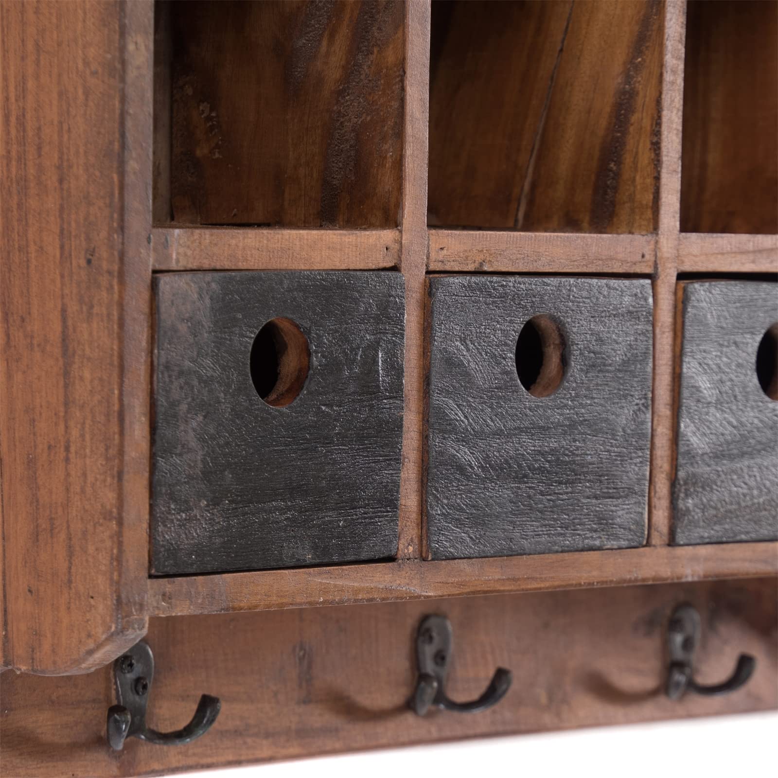 DESIGN DELIGHTS WANDREGAL Luna | Mahagoni Holz, 60 cm, mit schwarzen Schubladen und Haken | Vintage Hängeregal, Holzregal, Küchenregal, Wandschrank