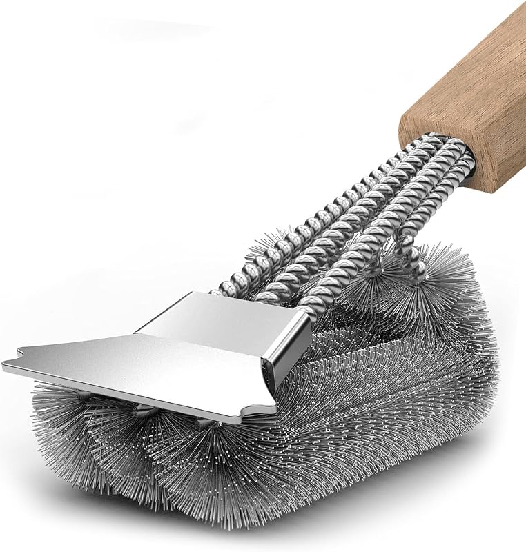 Grillbürste mit Holzgriff, Grill Reinigungsbürste Edelstahl Schaber, dichte Edelstahlborsten, 39cm Extra Langer Holzgriff, für Gasgrill, Holzkohlegrill, Kugelgrill, Elektrogril und Grillrost