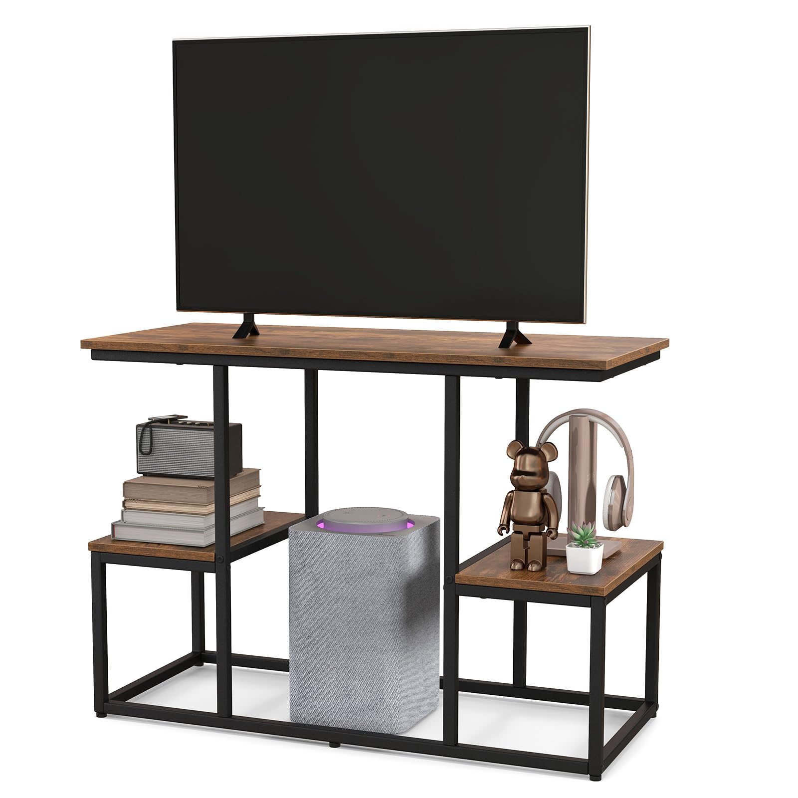 GOPLUS Konsola TV do telewizora do 50", regał pod telewizor z półkami i metalową ramą, stojak pod telewizor, stolik pomocniczy, stolik konsolowy do salonu, sypialni, 108 x 40 x 65 cm, rustykalny brąz