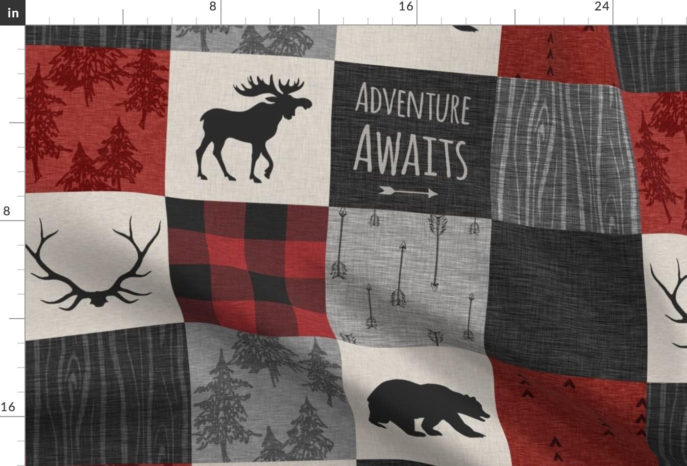 Spoonflower Fabric - Adventure Awaits Quilt Grey Black Red Buffalo Check Plaid Moose Bear Printed on Satin Fabric by The Yard - Sewing Lining Apparel Fashion Blankets Decor