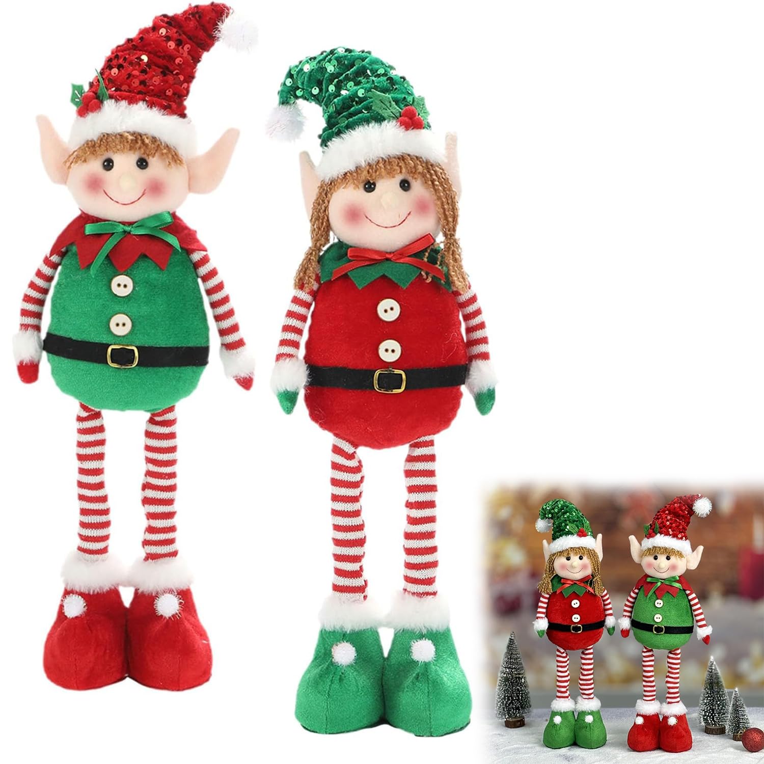 NPLSEO Christmas Plush Elf Dolls Set, Christmas Elf Figure Standing Decoration Red Green Fabric 46cm, Soft Holiday Plush Toy Ornaments for Kids, Home & Xmas Decor (2PCS)