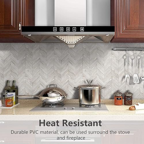 Vista 50 de STICKGOO Azulejos de espiga de 10 hojas para despegar y pegar, mármol Calacatta mezclado con PVC dorado claro en muro, azulejos de pared Calacatta