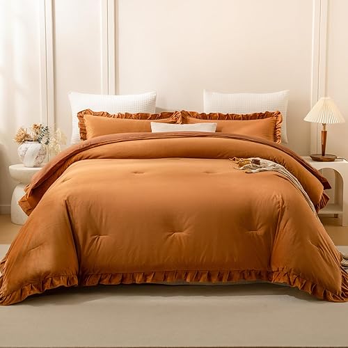 MOVE OVER Caramel Velvet Comforter Set Queen, Ruffled Fluffy Plush