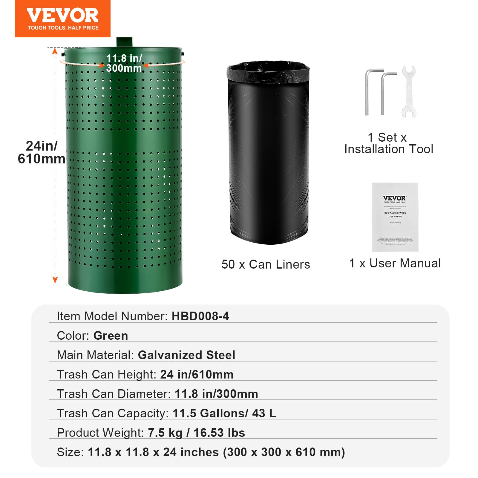 VEVOR Bote de Basura para Excrementos de Perro de 43 L con 50 Bolsas de Revestimiento, Tapa y Clip de Revestimiento para Contenedor de Eliminación de Desechos de Mascota para Jardín, Patio, Parque