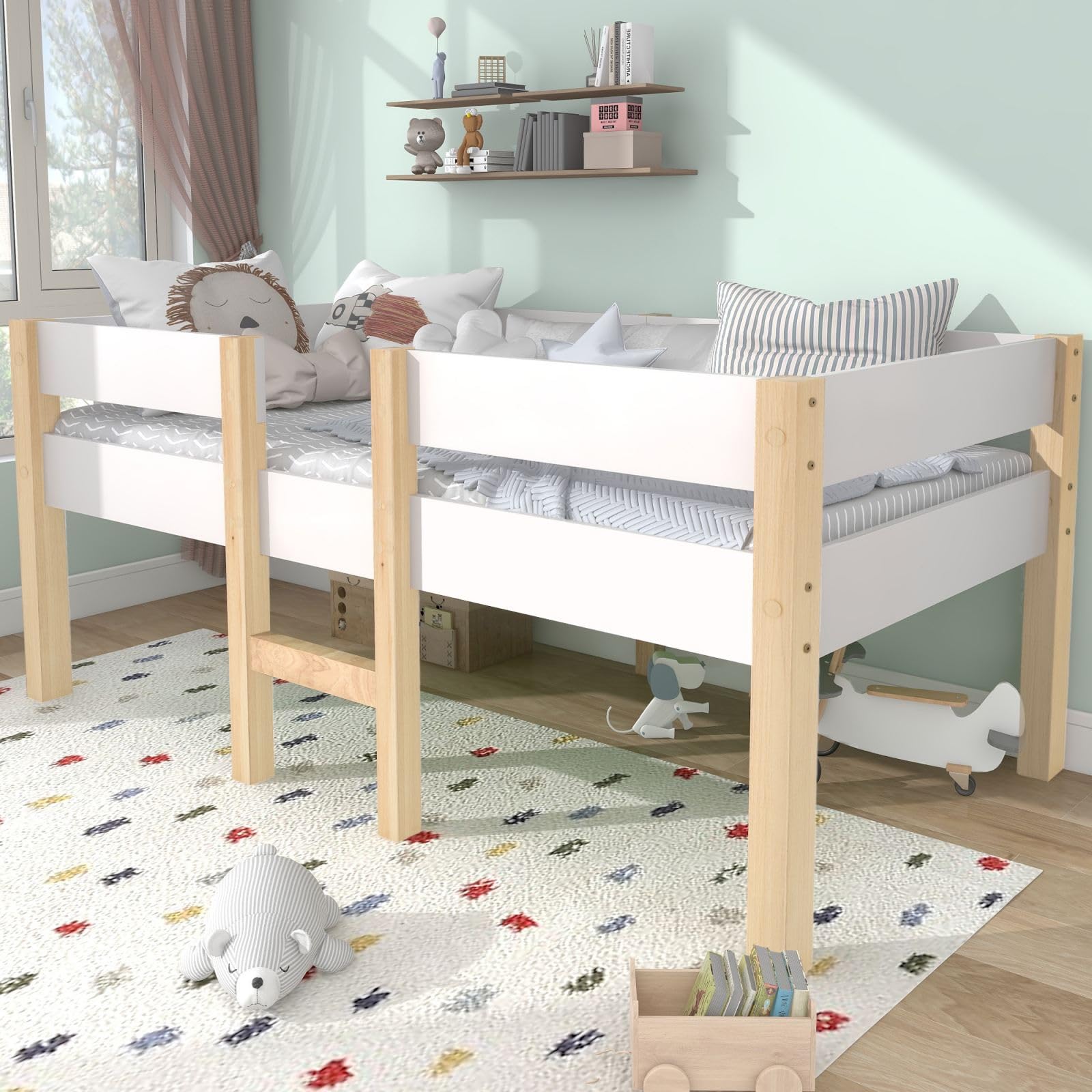 KOMHTOM Lit d'enfant en Mezzanine avec Clôture de Sécurité et Rangement sous lit,Cadre de lit avec Sommier à Lattes en Bois(sans Matelas) (90x190CM)