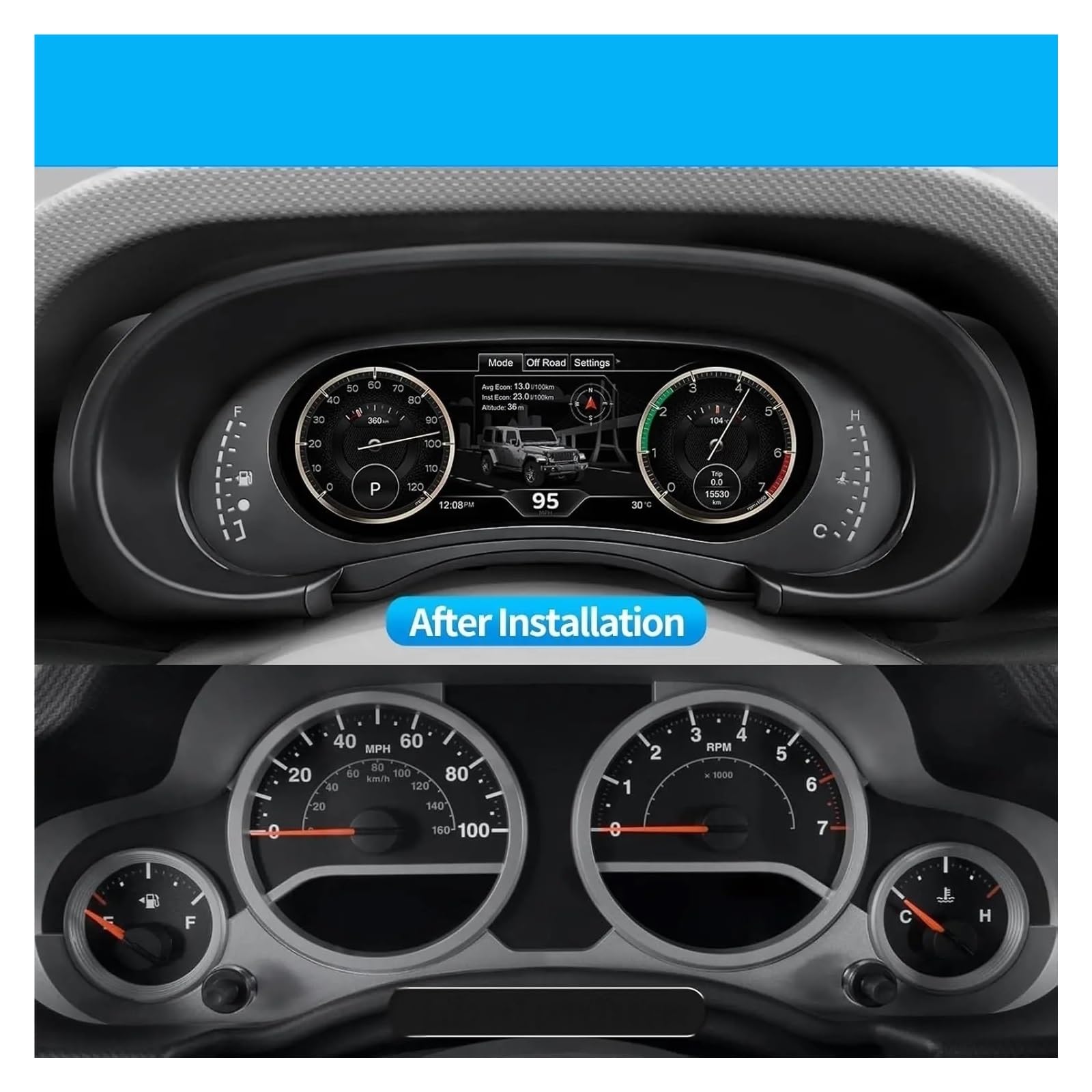 Pantalla de grupo de instrumentos digitales compatible con Jeep Wrangler JK 2007-2010, pantalla HD automotriz de 12,3 pulgadas, Plug-and-Play