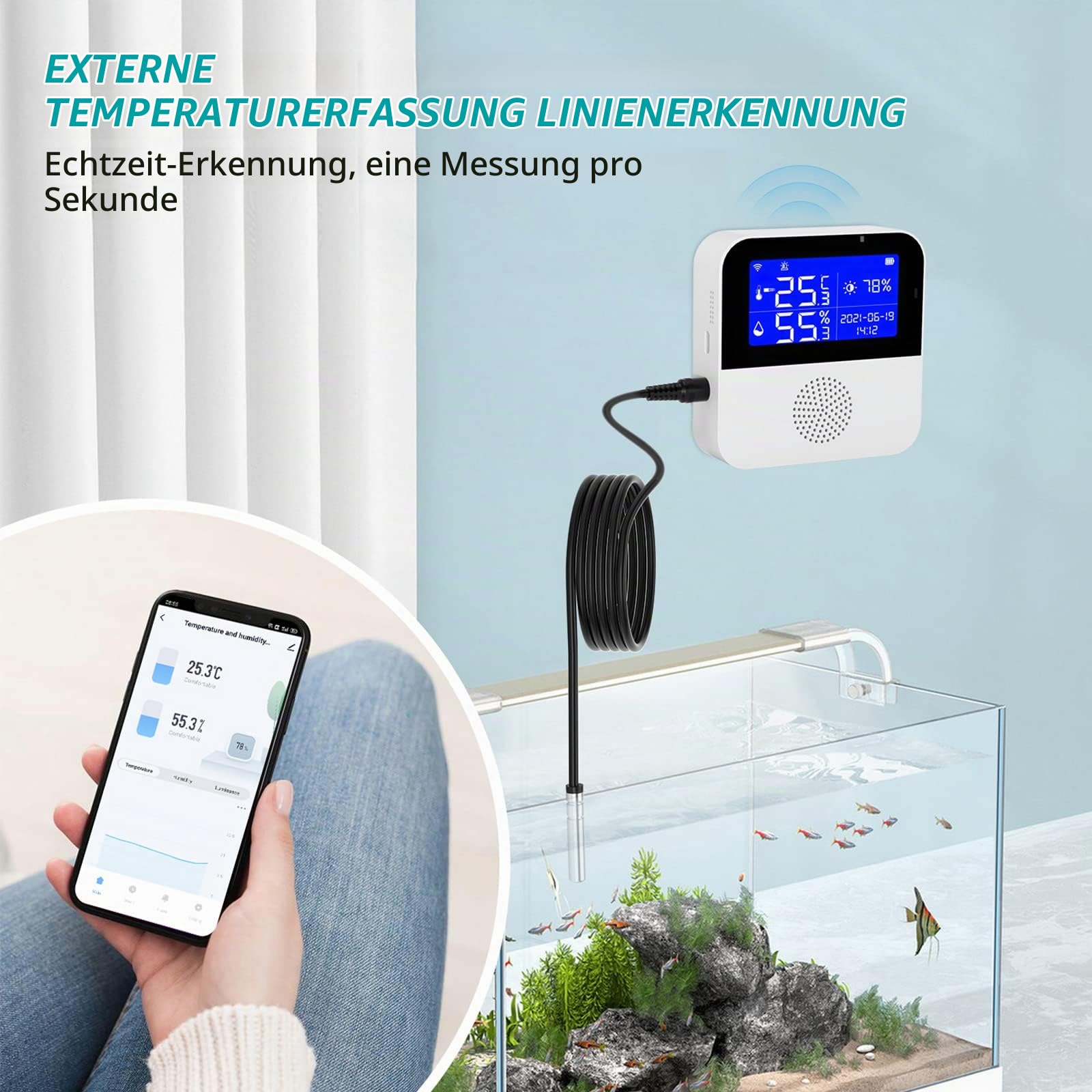 Kabelloses Thermometer Hygrometer,CEIEVER WLAN Thermometer Hygrometer App Benachrichtigung und Datenspeicherun Bluetooth Thermo Hygrometer funktioniert mit Alexa/Google