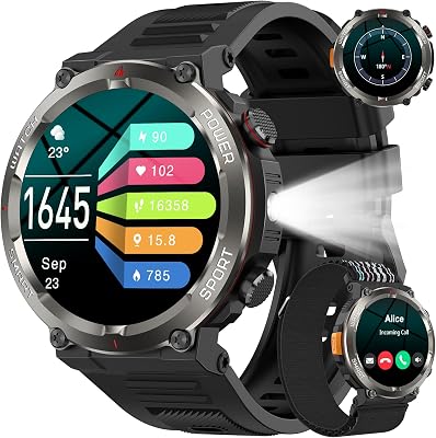 Military Smart Watch for Men(Answer/Make Calls),Fitness Watch with 960mAh Battery,Step Counter,LED Flashlight,Compass,Heart Rate,SpO2,Sleep Monitor,IP68 Waterproof smartwatch for iOS Android