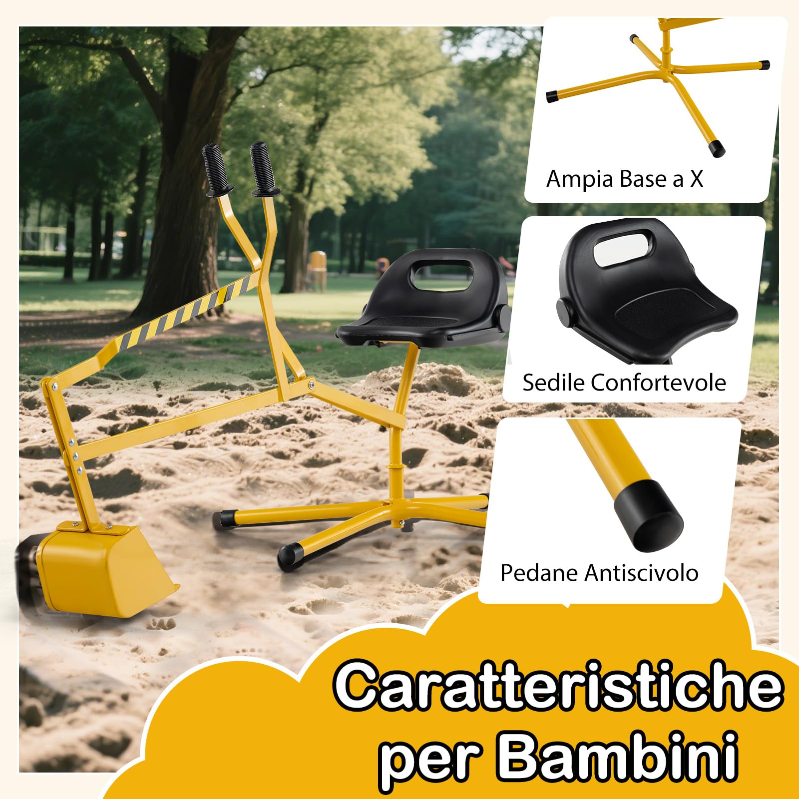 GYMAX Giocattolo Escavatore per Bambini, Escavatore Cavalcabile con Base Rotante a 360° e Controlli a Due Mani, per Sabbia, Terra, Metallico per Esterno per Ragazzi e Ragazze 3+ Anni (Giallo)