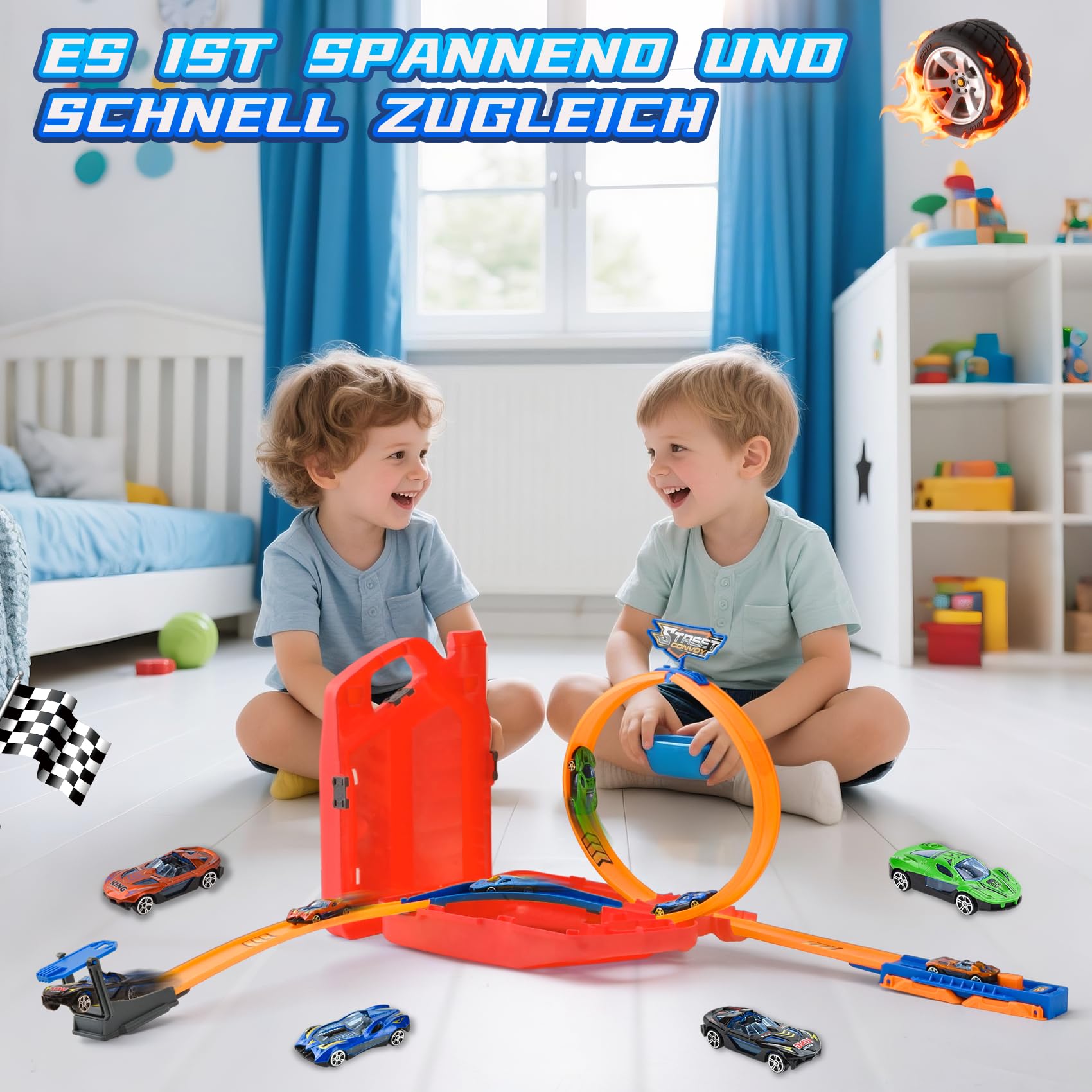 Pista de Coches para Niños,Juguete Pistas Portátil con 6 Vehículos+Circuito con Giro Vertical y U-Track,2 en 1 Portátil,Track Builder Caja Lata de Gasolina,Juguete Niños 3-8 Años (Rojo)