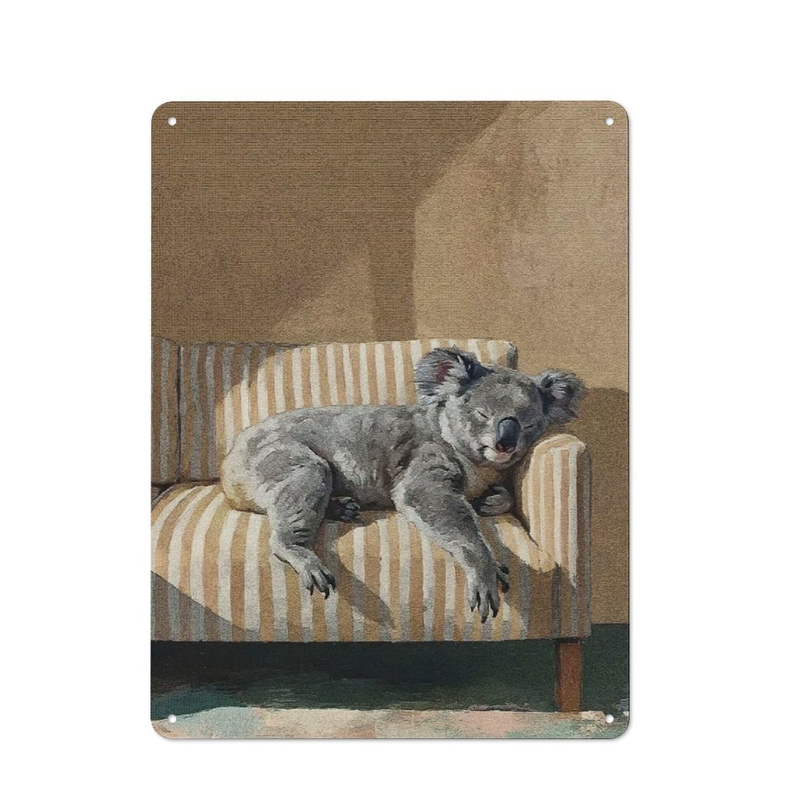 Junmoney Style-15 Metal Plaque With Sleeping Koala On Striped Couch Design 40X30cm, Retro Kitchen Wall Decor For Bakery, Diner, Cafe Or Family Room