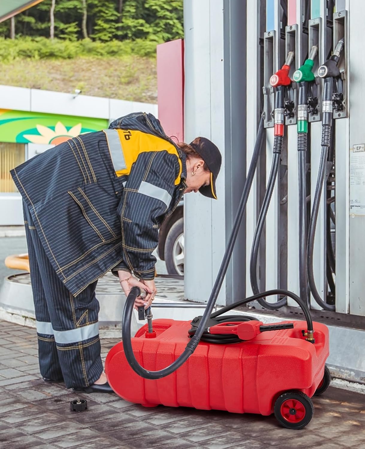 15 Gallon Gas Can, Portable Fuel Tank With Pump, Fuel Transfer Tank, Portable Gasoline Tank On Wheels With Le Fluid Transfer Siphon Pump and 10-Inch Hose for Cars, Boats, Lawnmowers, ATVs