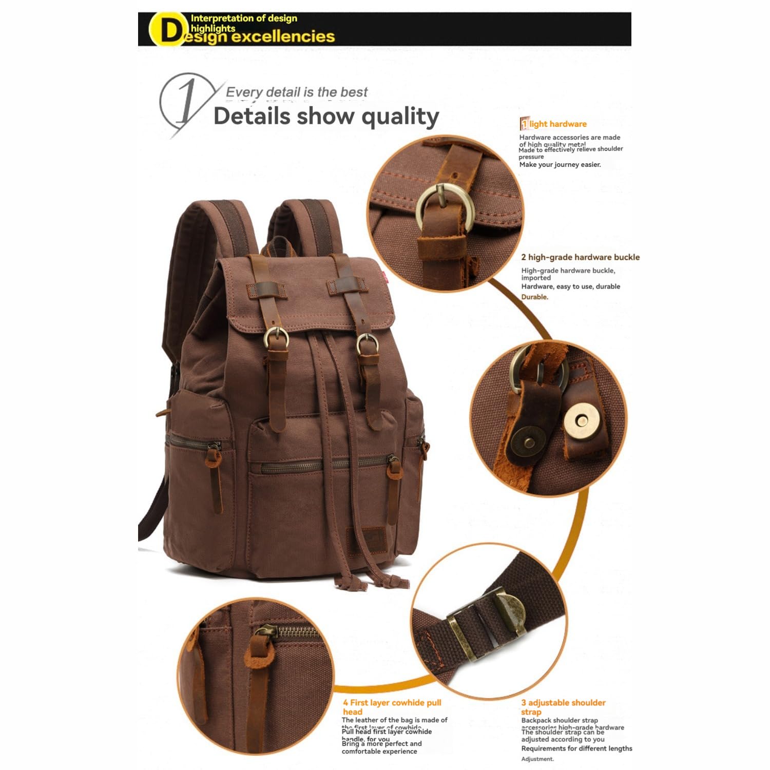 Zaino in tela vintage ad alta capacità con zaino casual originale per scuola, viaggi e trasporto laptop, Nero , 42cm x 16cm x 28cm, Design vintage con una combinazione di tela e materiali in vera