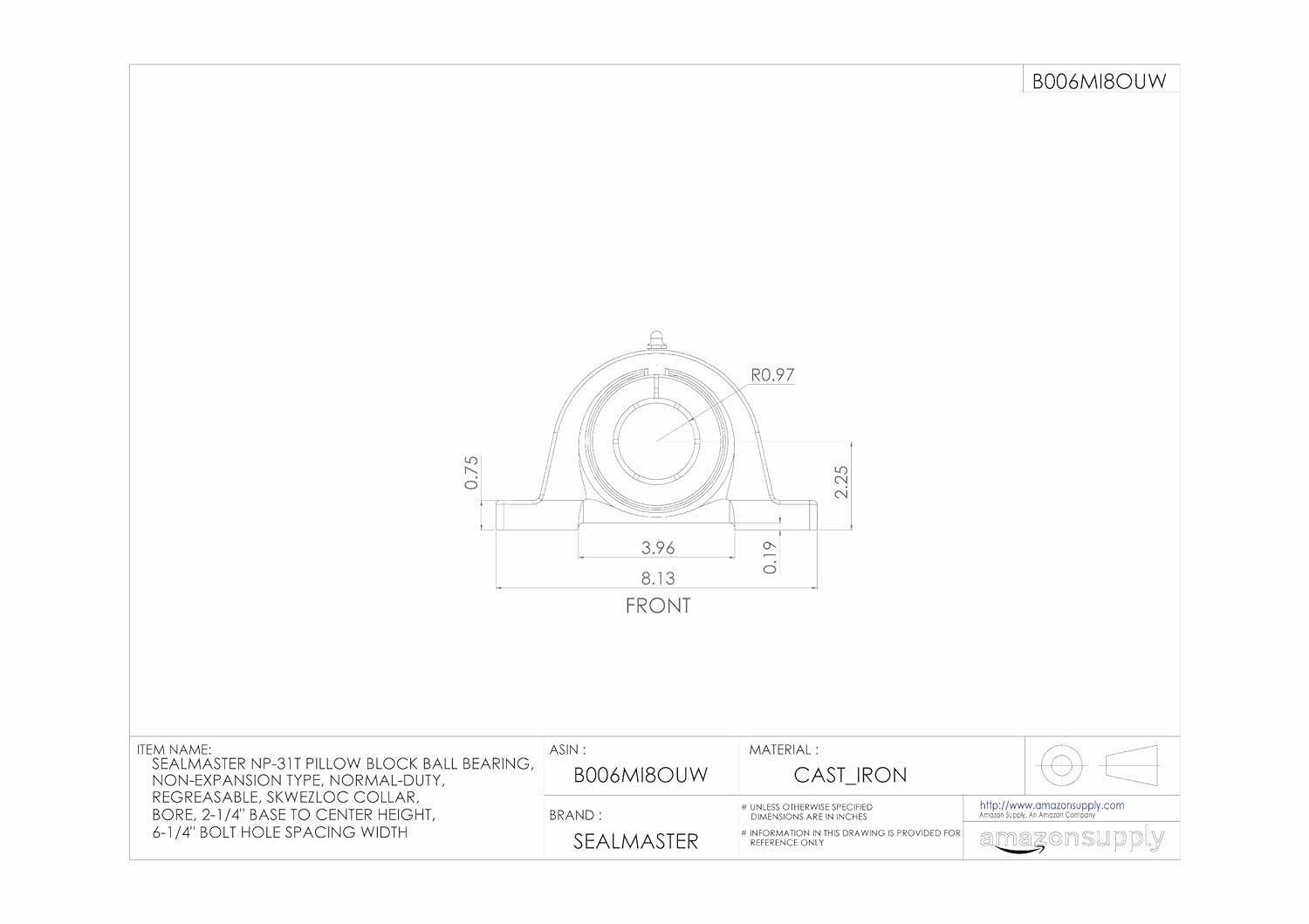 Sealmaster NP-31T Pillow Block Ball Bearing, Non-Expansion Type, Normal-Duty, Regreasable, Skwezloc Collar, Felt Seals, Cast Iron Housing, 1-15/16" Bore, 2-1/4" Base to Center Height, 6-1/4" Bolt Hole Spacing Width