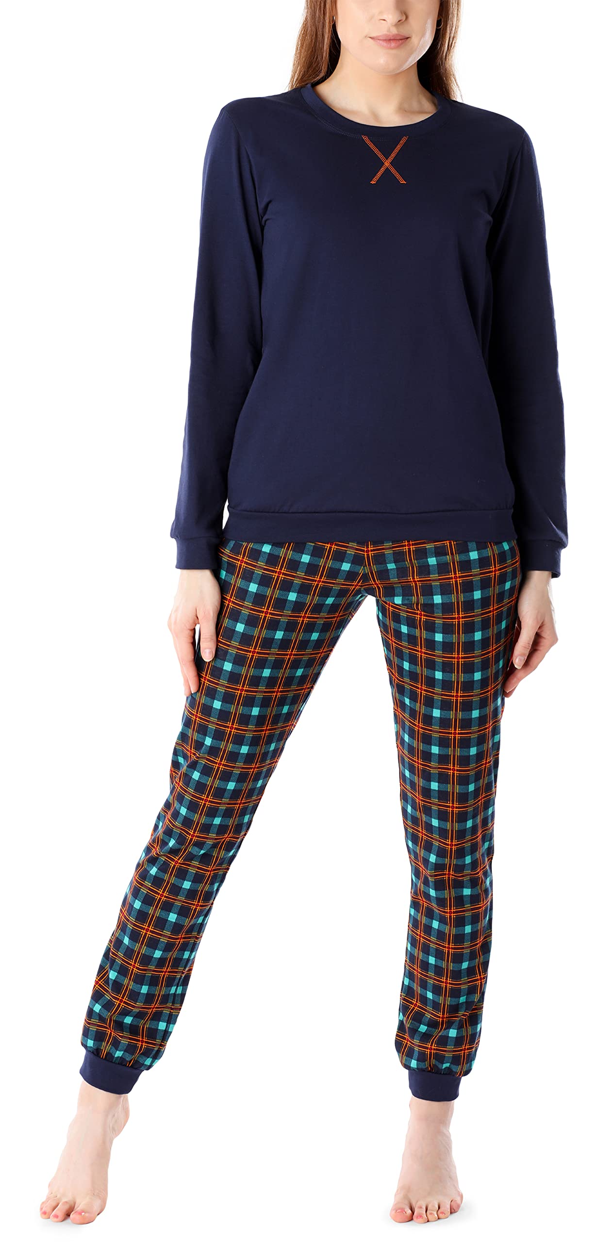 Merry Style Women's Pyjamas MS10-168 (Navy (Orange-Checked), XXL)