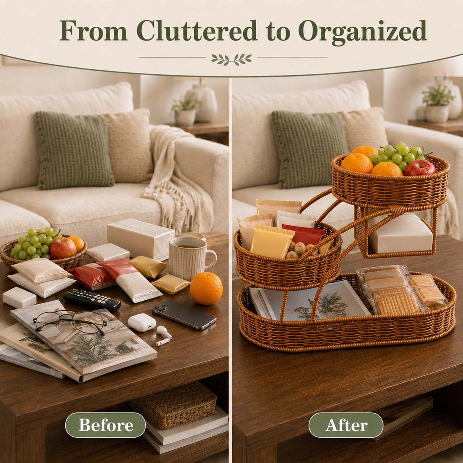 3 Tier Fruit Basket Built-In Tissue Holder Rattan Countertop Storage Organizer Kitchen Pantry Dining