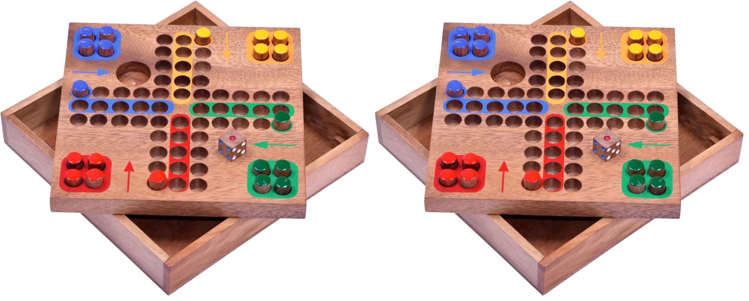 LOGOPLAY Ludo, Piccolo Gioco da Viaggio 16 X 16 cm, di Dadi e da Tavolo, Per Famiglie, in Legno Con Tasselli (Marrone) (Confezione da 2)