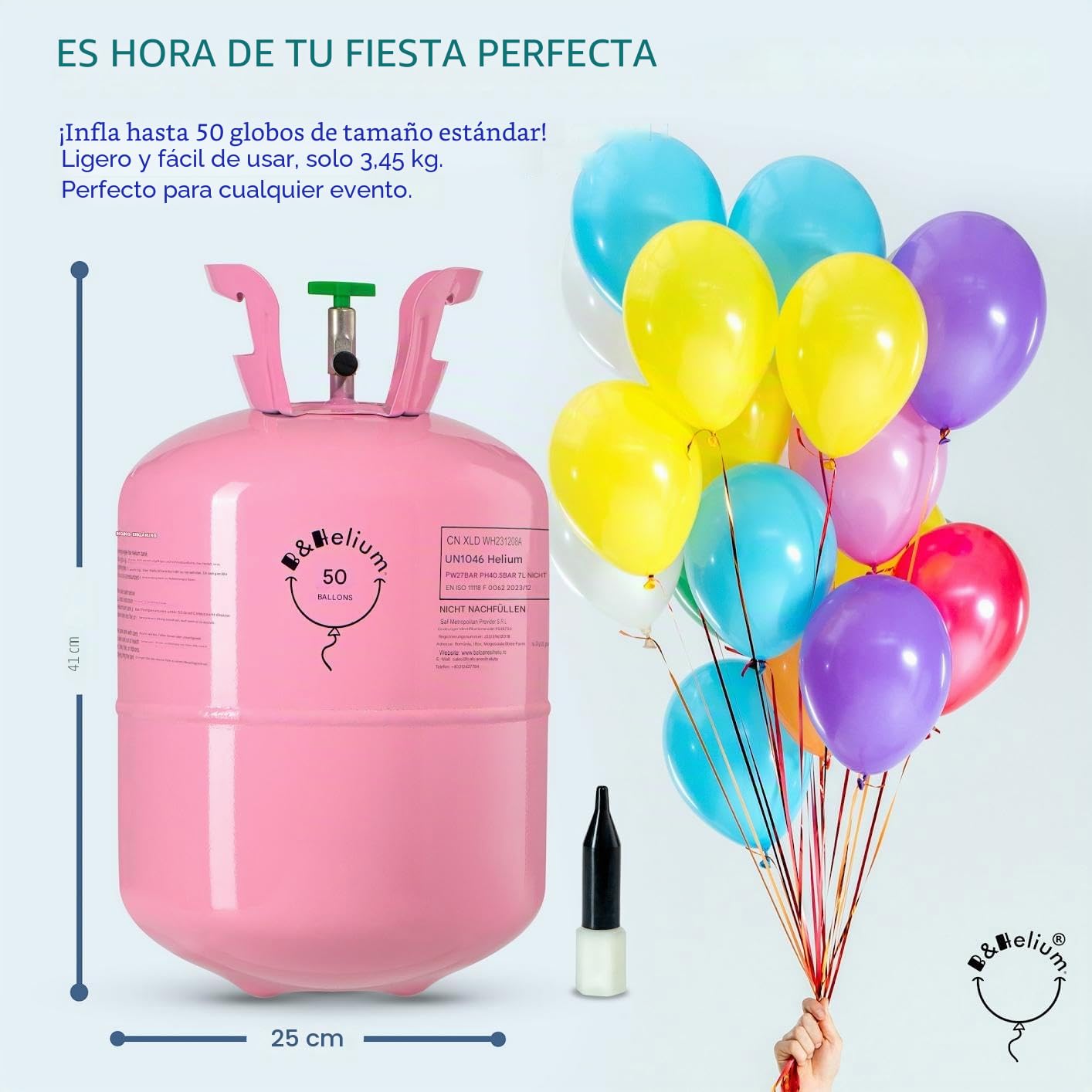 B&Helium Botella de helio rosa con gas para 50 globos de larga duración – Incluye válvula de llenado – Perfecto para decoración de fiestas, cumpleaños, bodas y diversos eventos.