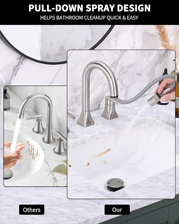 Besfelos Bathroom Faucet 3 Hole with Pull Out Sprayer, 8 Inch Widespread Bathroom Faucet, Magnetic Pull Out Faucet for Easy to Use, Brushed Nickel (with Pop-up Drain) by Besfelos - Used condition - Image 3