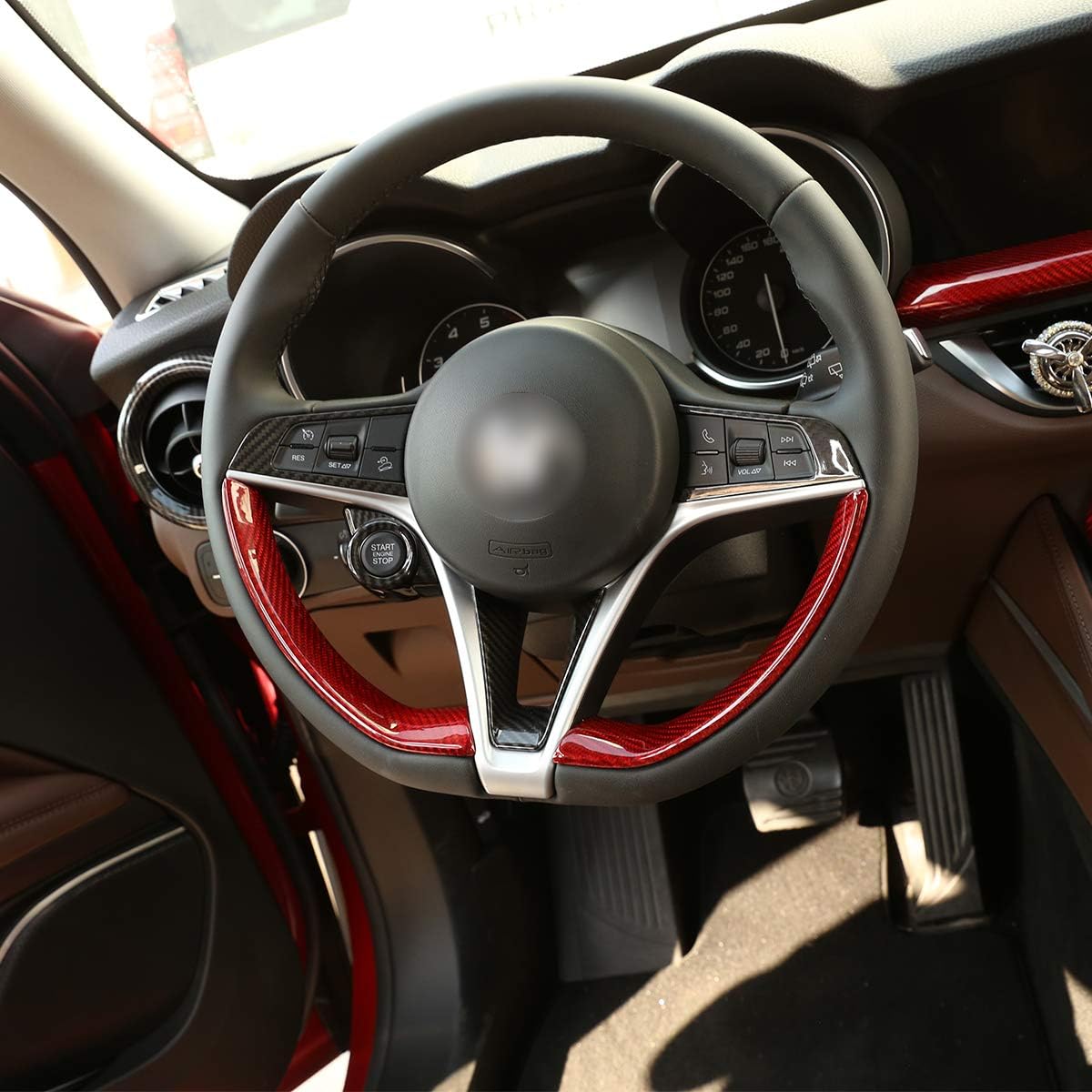 Real Carbon Fiber Car Steering Wheel Decoration Frame Strip Cover Trim For Alfa Romeo Giulia Stelvio 2017 2018 2019 Car Accessory (Red)