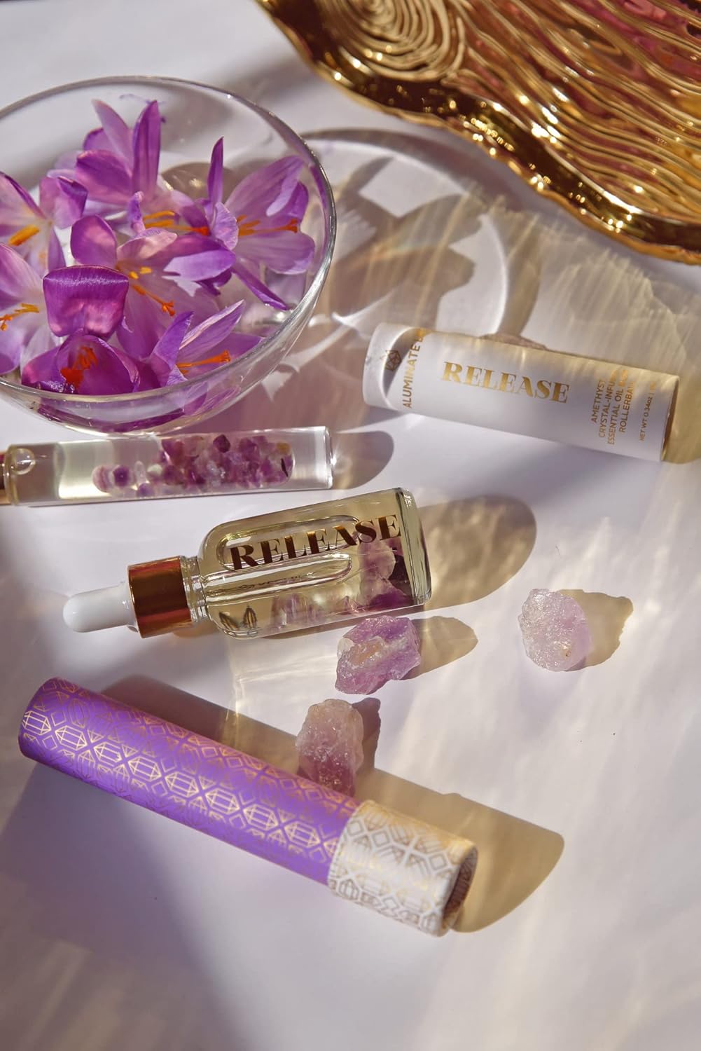 Crystal Infused Essential Oil Vial, 1 Oz, Release - Amethyst Crystal Infused - Scents of Lavender, Bergamot, & Frankincense - Aromatherapy Oils, Massage, Stress Relief