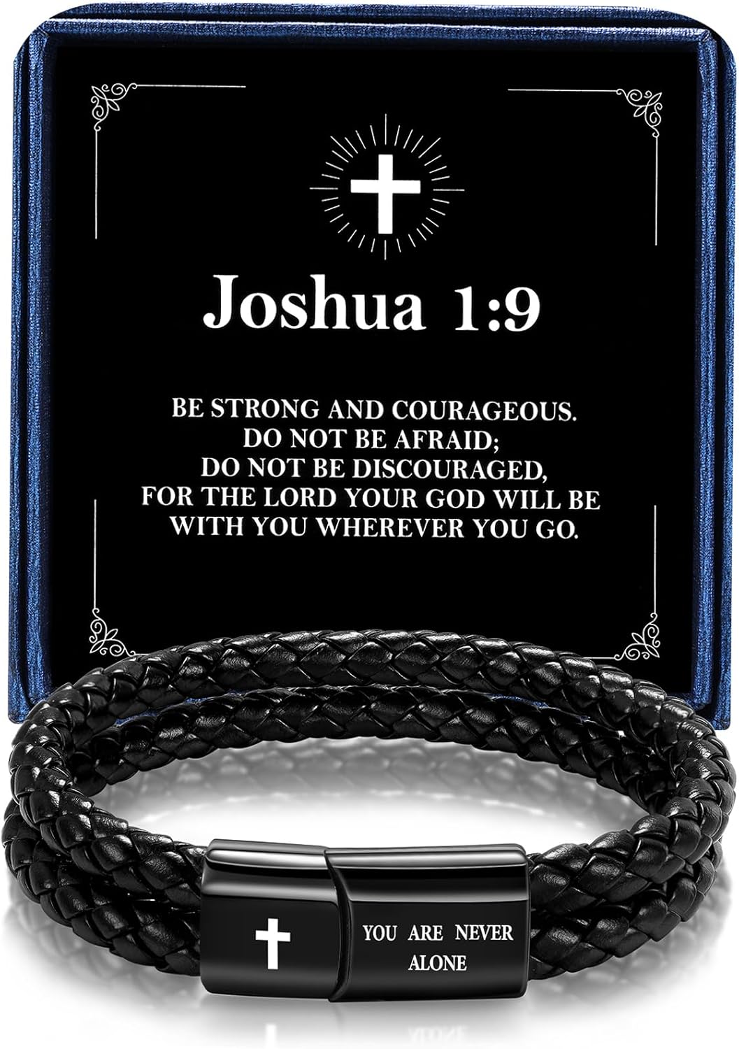 Men's Leather Bracelet with Cross Bible Verse, Double Layer Black Genuine Leather B...