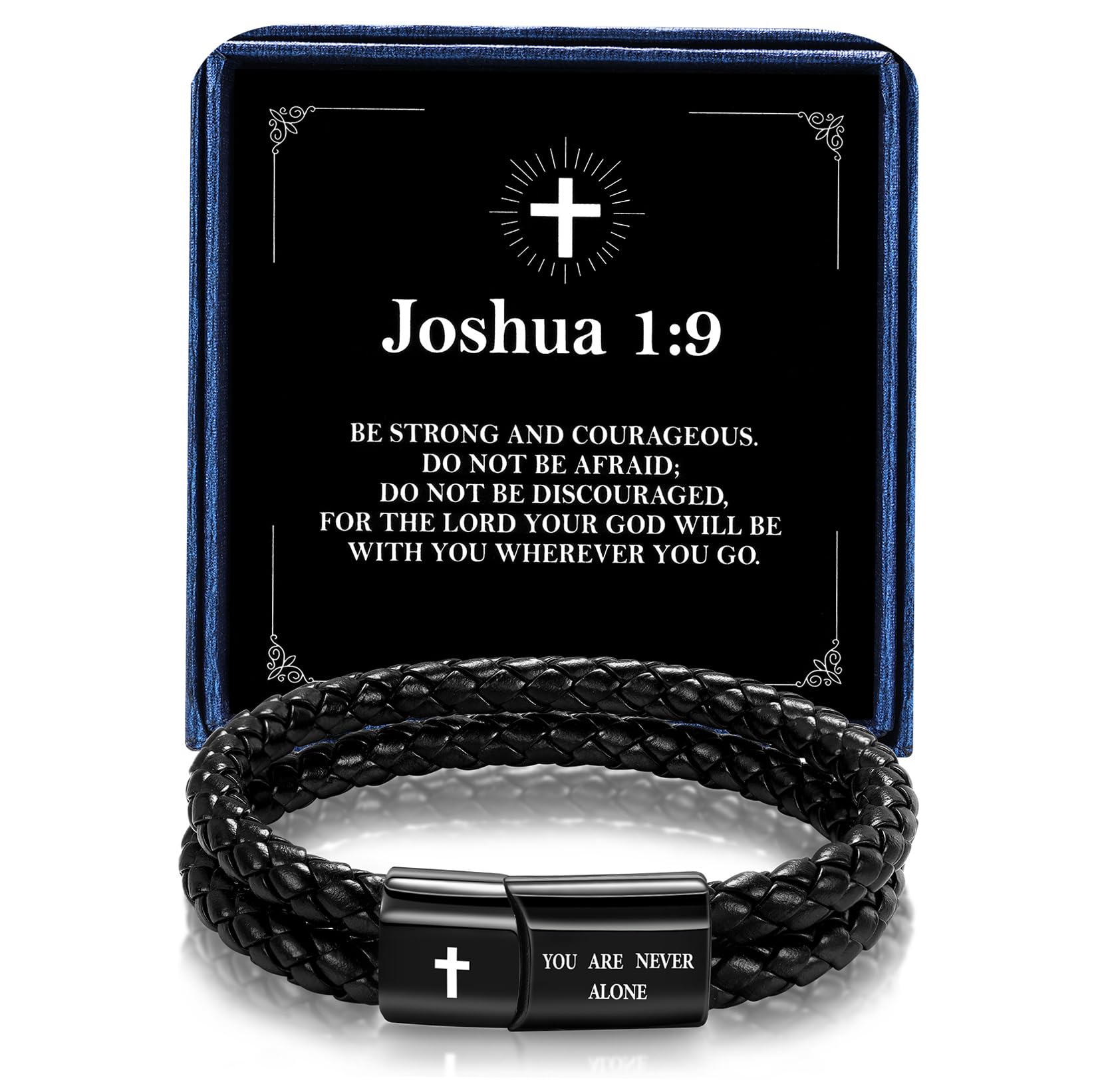Men's Leather Bracelet with Cross Bible Verse, Double Layer Black Genuine Leather Bracelet for Men, Christian Religious Baptism Easter Gift for Men Dad Husband Boyfriend Grandson Son