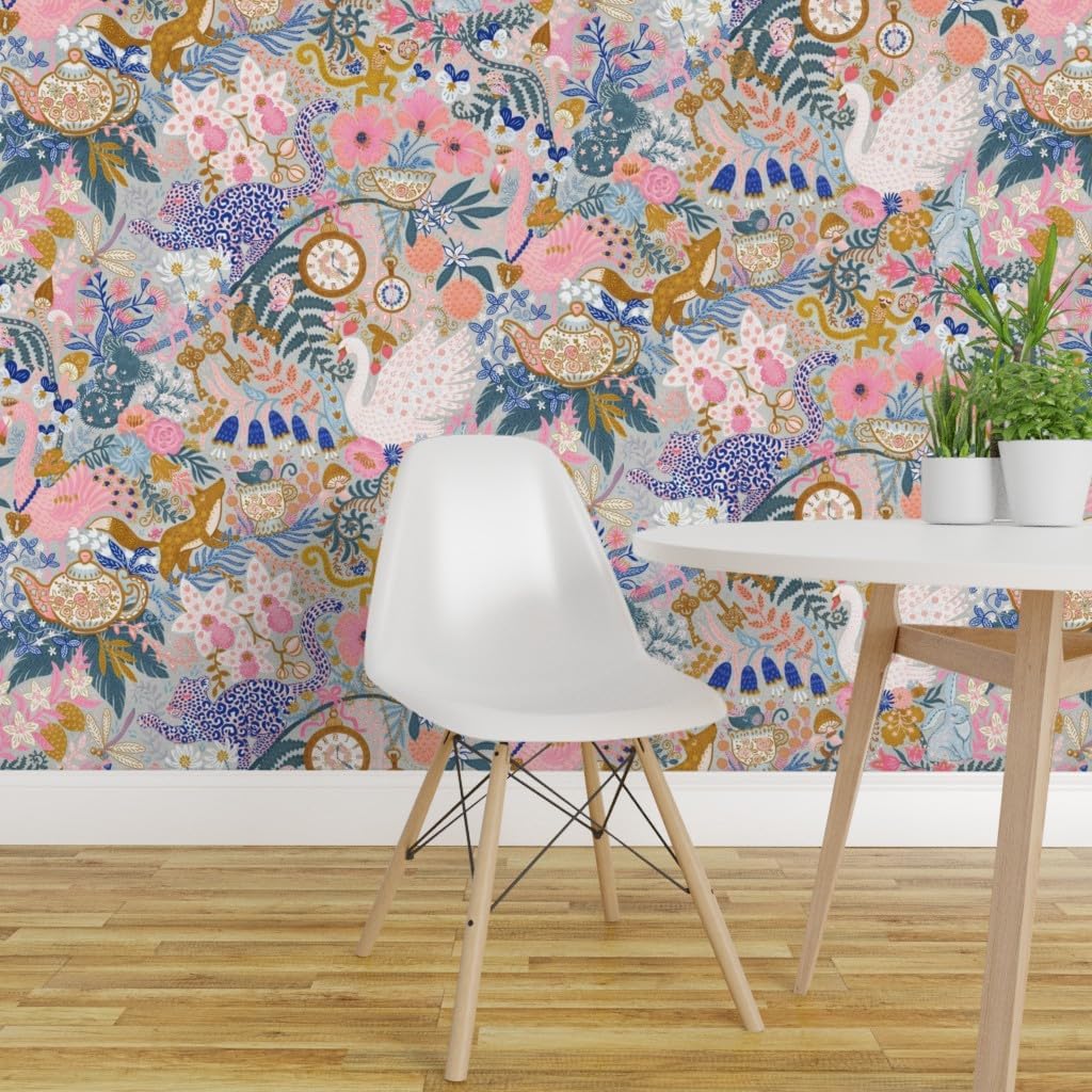 Removable Wallpaper Swatch - Tea Time Fairy Tale Animas Whimsial Maximalist Gray Pink Custom Pre-Pasted Wallpaper by Spoonflower