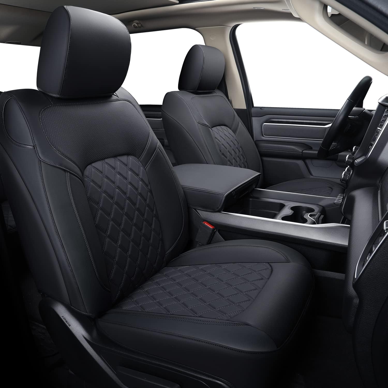 FEELiT Front Seat Covers for Ram 1500 2019 2020 2021 2022 2023 2024 2025 2026 Crew/Regular/Quad/Mega Cab Waterproof, Custom Fit Trims Bighorn Laramie Limited Longhorn TRX Car Pickup (01-Front)