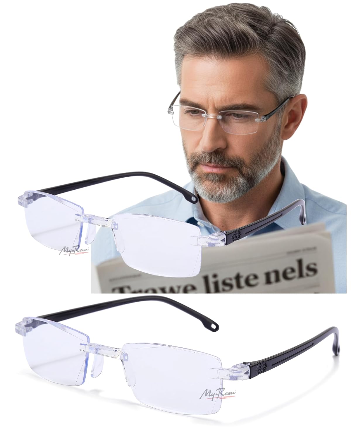 myreen One Power Auto Focus Rimless Reading Glasses for Men & Women | +0.5 to +2.5 Power Flex Focus Blue Light Blocking Sp...