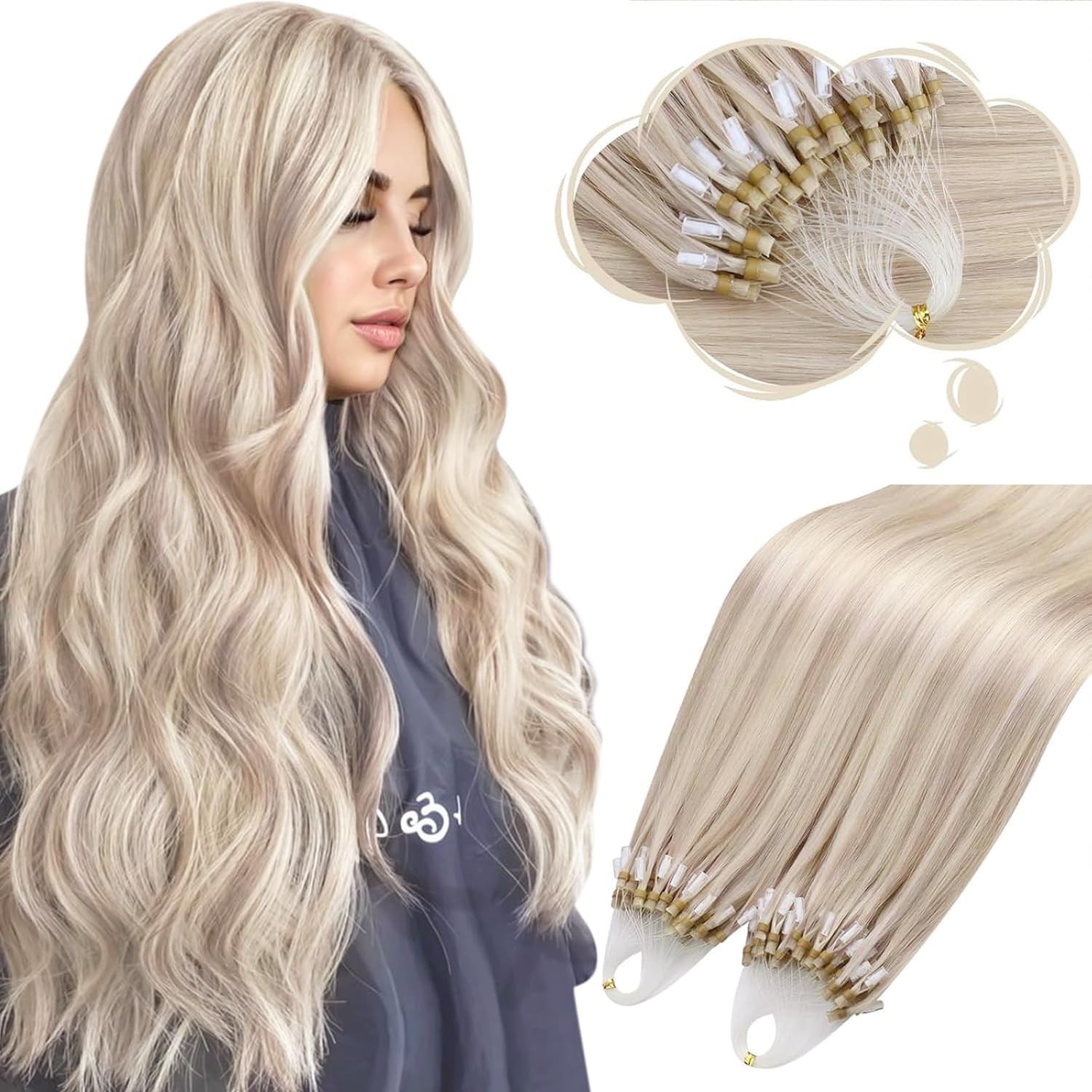 Moresoo Microring Haar Extensions Aschblond mit Platinblond 45 cm Echthaar Extensions Micro Loop Seidenglatt Echthaar Microring Extensions 50G 50Stränge #18/613 18 Inch
