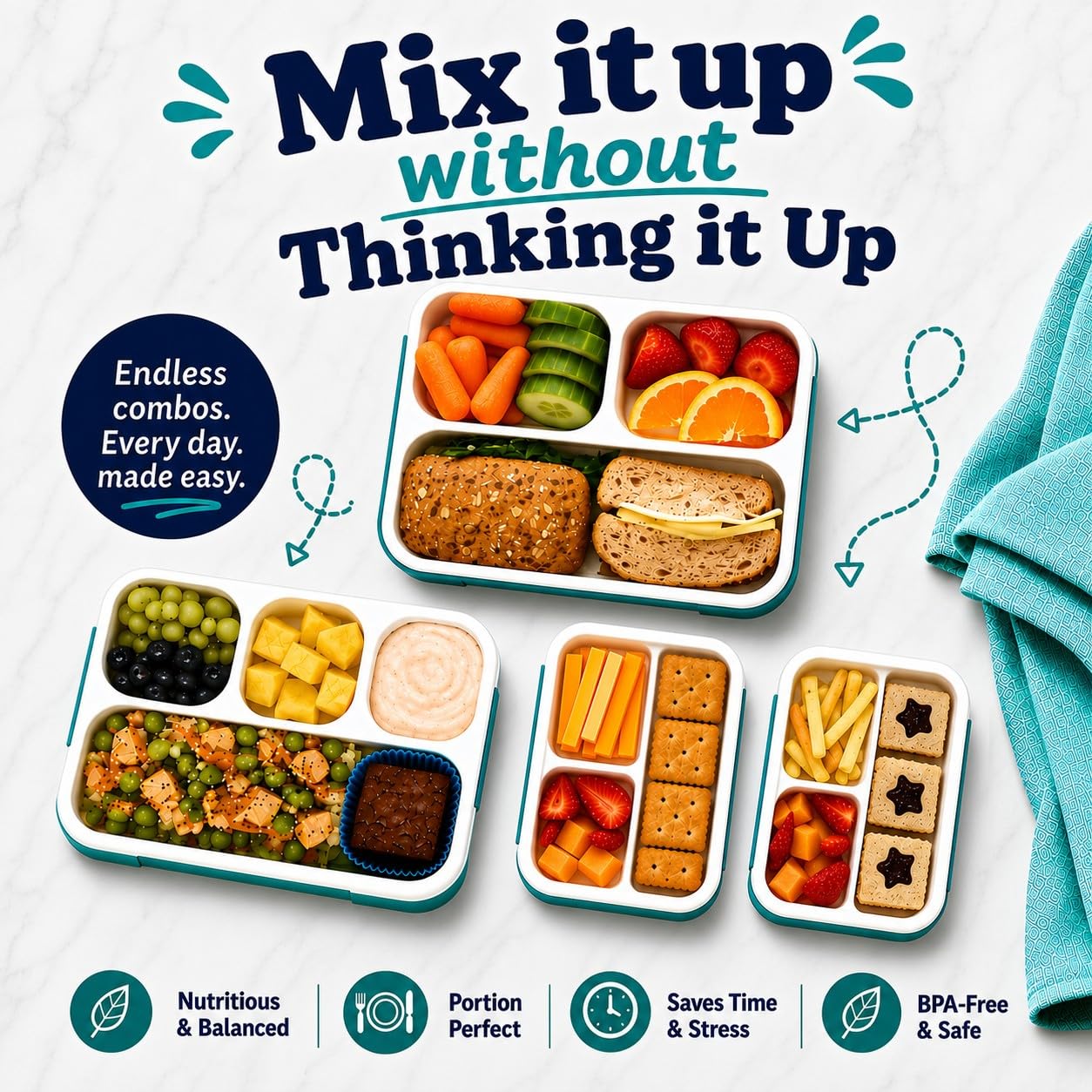 Scatole per il pranzo e snack Bento a tenuta stagna, confezione da 4 contenitori per porzioni per la pianificazione dei pasti, per donne e adulti, senza BPA, utensili - blu, verde