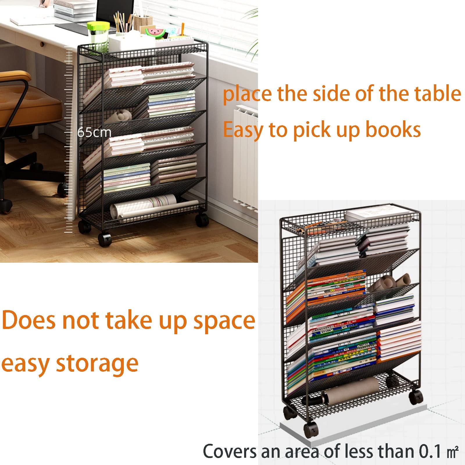 Scaffale portaoggetti laterale da scrivania, carrello con ruote, ampio tavolo con laminati inclinati, facile accesso ai libri, per camera da letto, soggiorno, aula